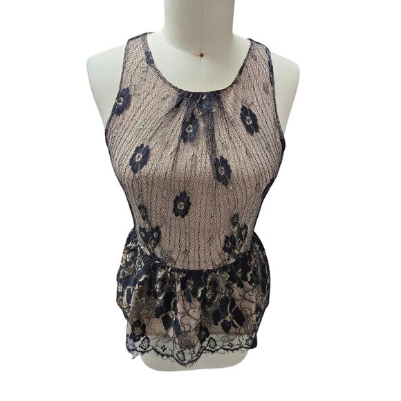 Sugar Lips Black Nude Lace Peplum Top Sz L - Picture 6 of 7